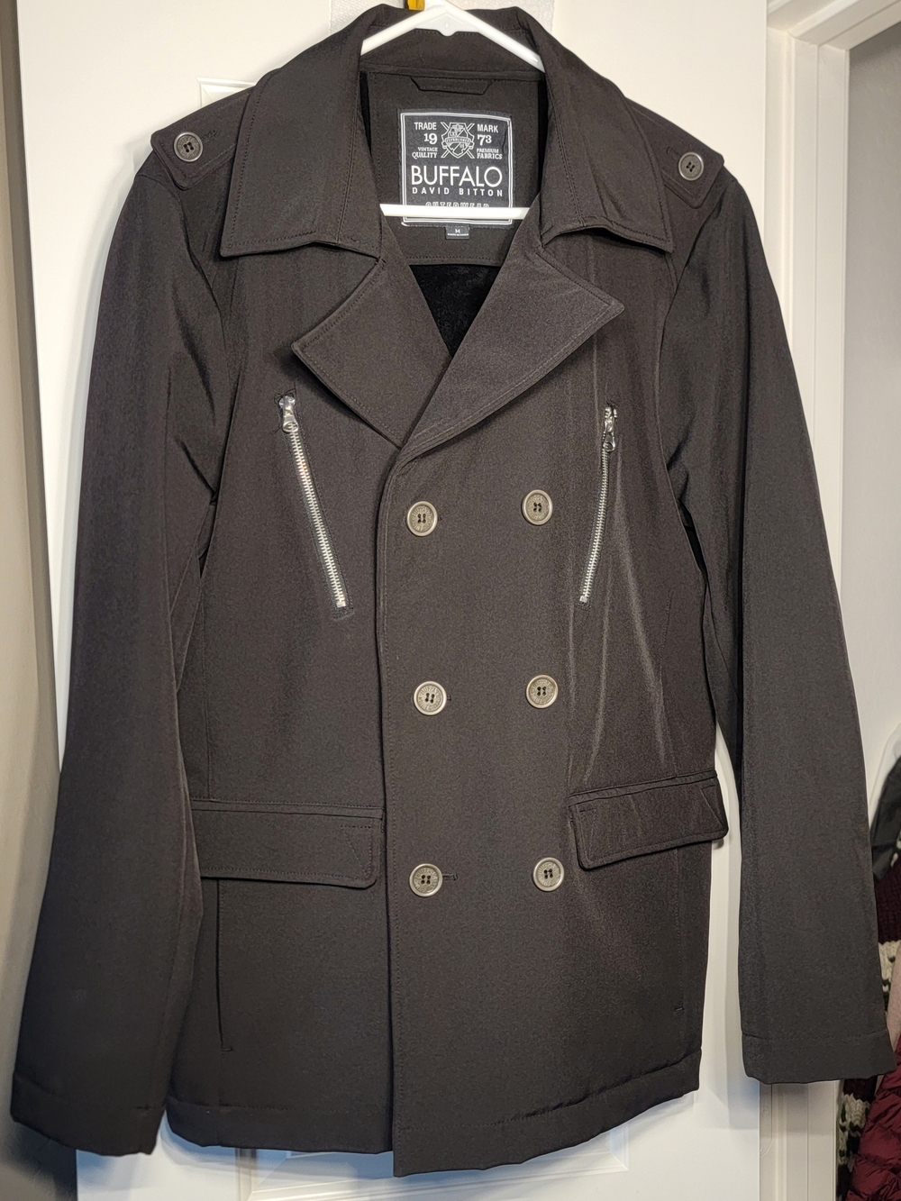 Buffalo David Bitton Black Double-Breasted Peacoat with Zip Chest Pockets